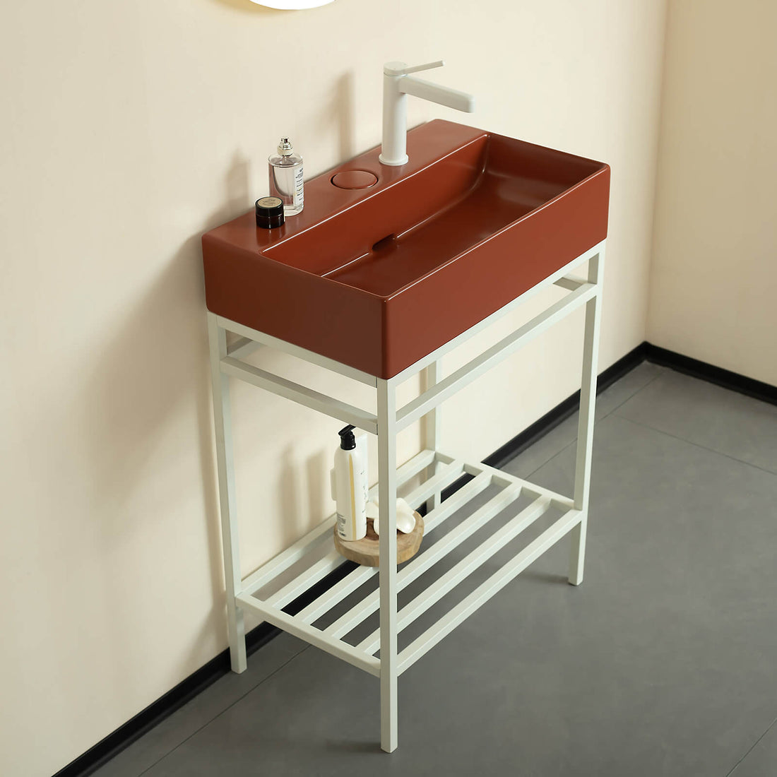 24 inch red console bathroom sink with white legs