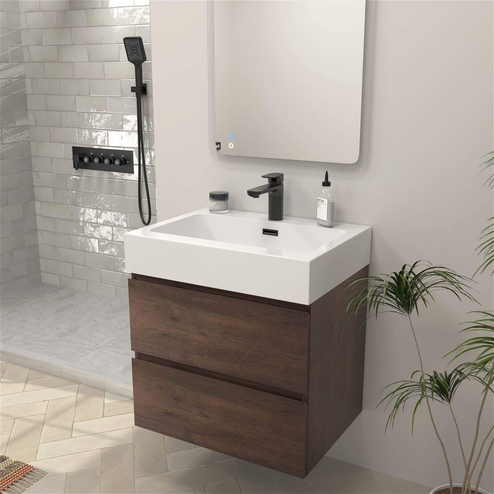 24" Walnut Modern Floating Vanity with 2 Drawers