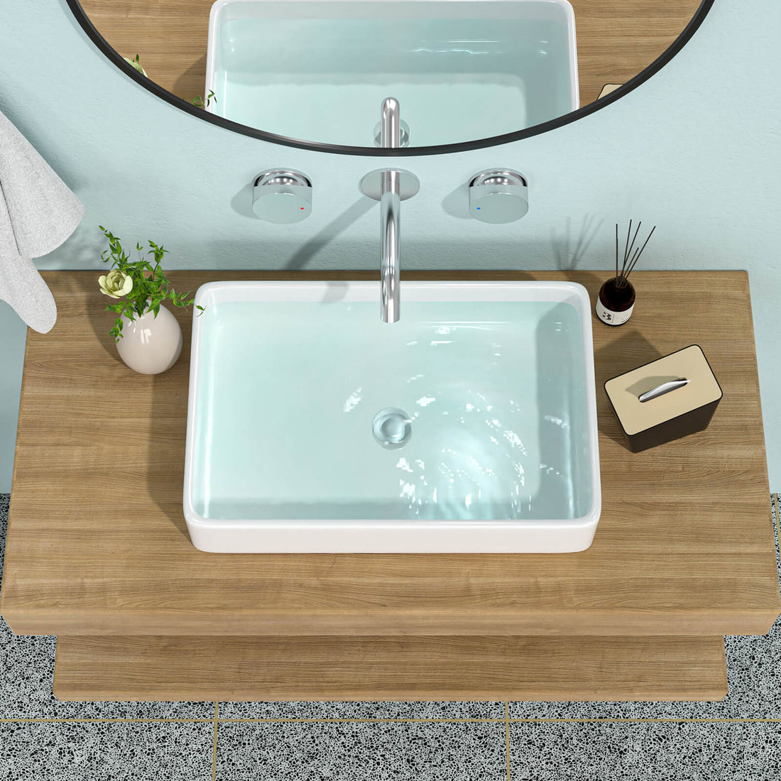 24 inch white ceramic above counter bathroom sink on vanity