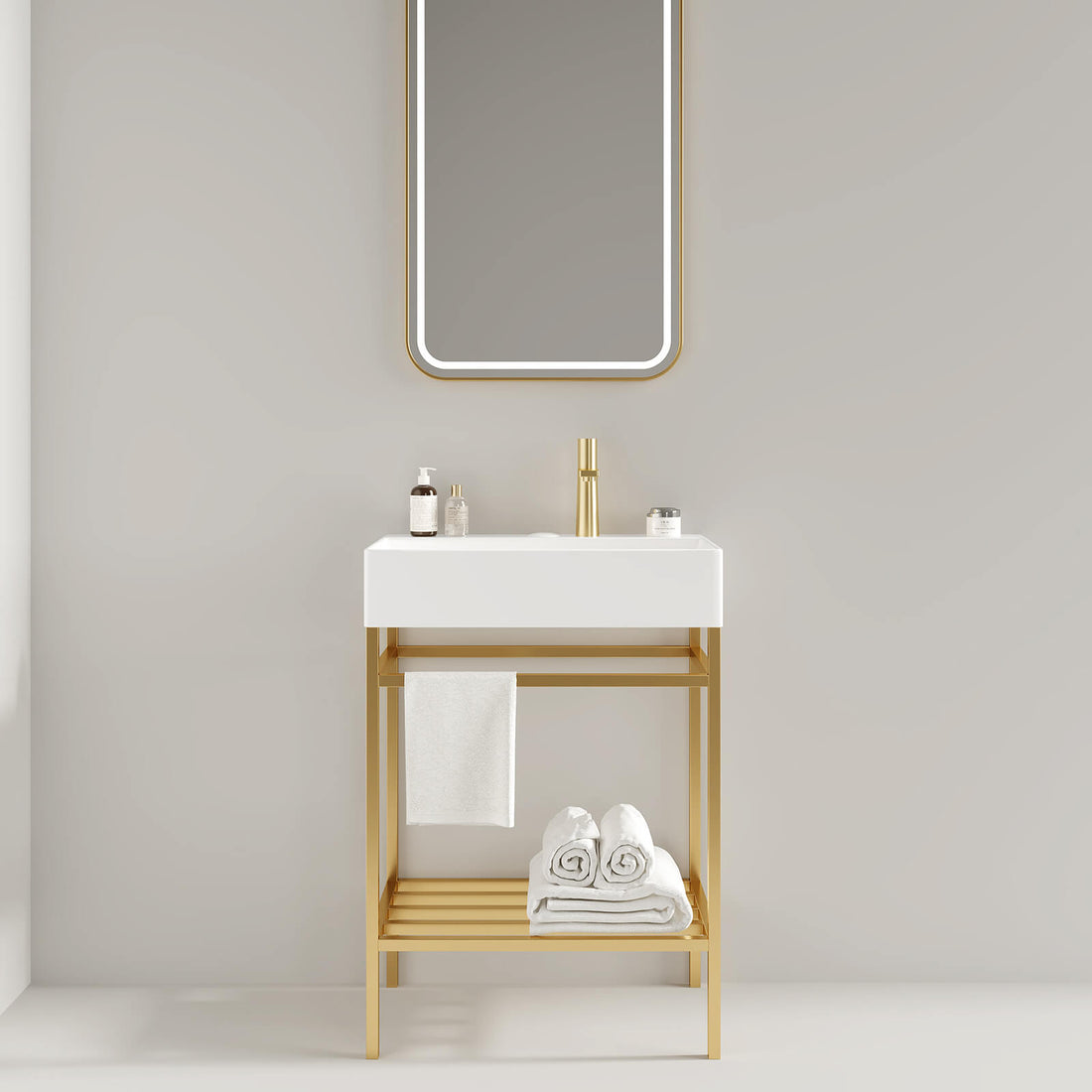 24 inch white console bathroom sink with gold legs