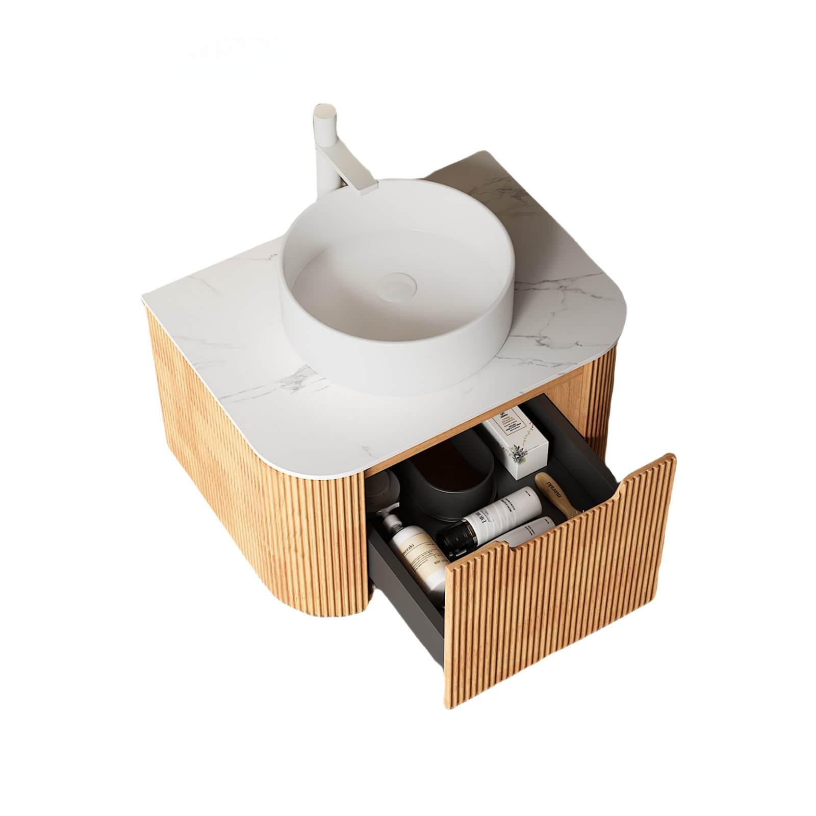 24 inch white oak floating vanity with vessel sink