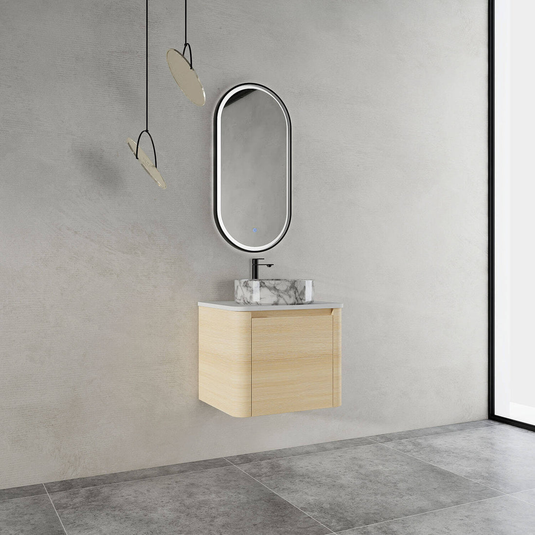 24-inch White Oak Bathroom Vanity with Marble Pattern Ceramic Vessel Sink