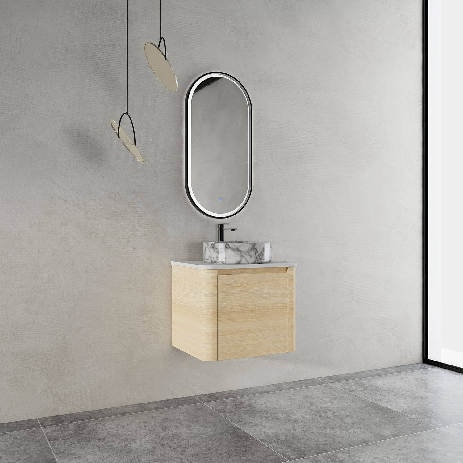 24-inch White Oak Bathroom Vanity with Marble Pattern Ceramic Vessel Sink