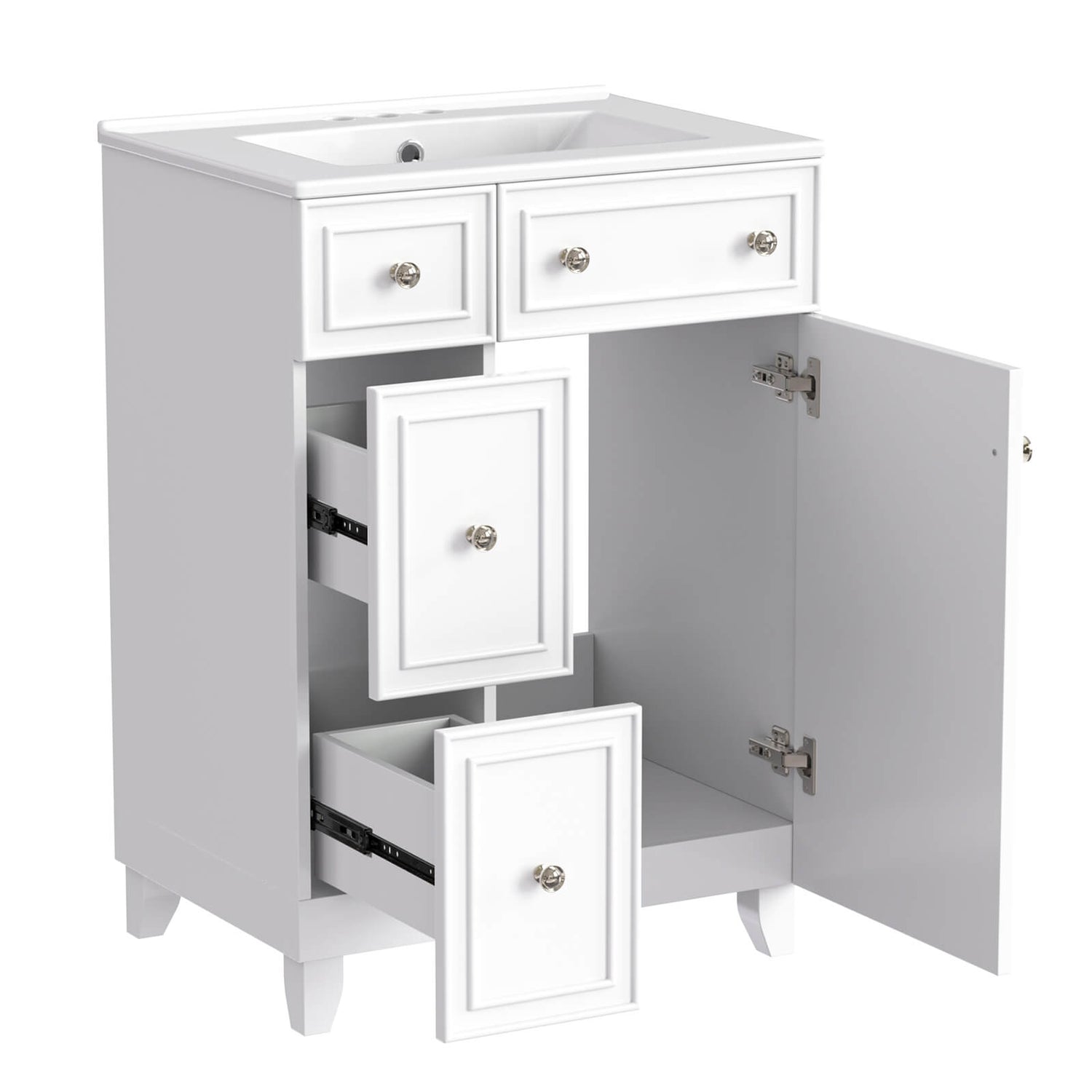 24-inch White Vanity with open drawers showing towel and toiletry storage