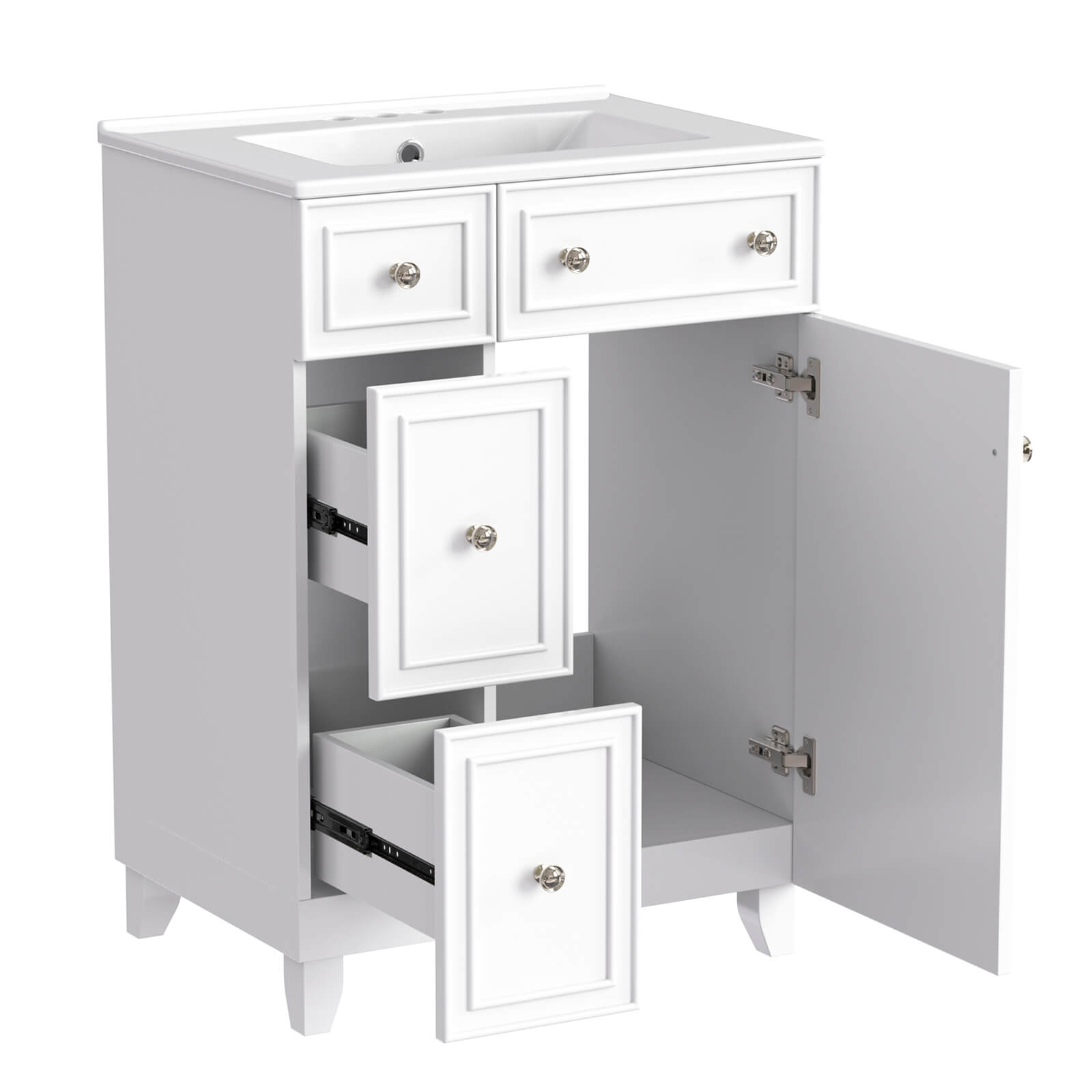 24-inch White Vanity with open drawers showing towel and toiletry storage