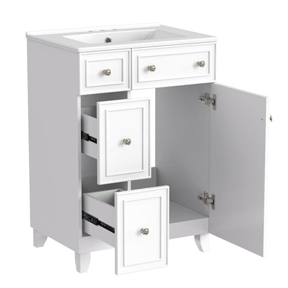 24-inch White Vanity with open drawers showing towel and toiletry storage