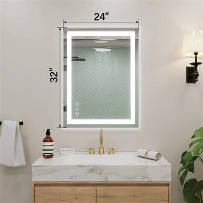 24W x 32H inch LED bathroom mirror with clear dimension markings on surface