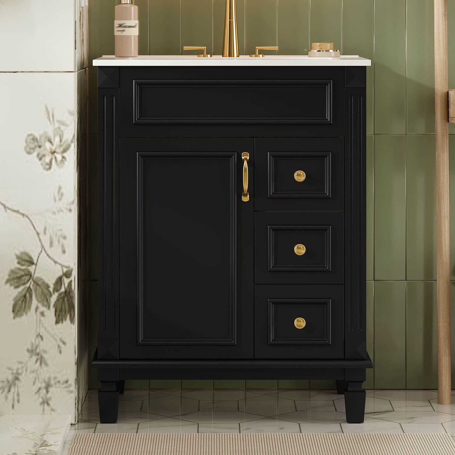 24 inch Black Freestanding Bathroom Vanity Storage Cabinet with Ceramic Sink