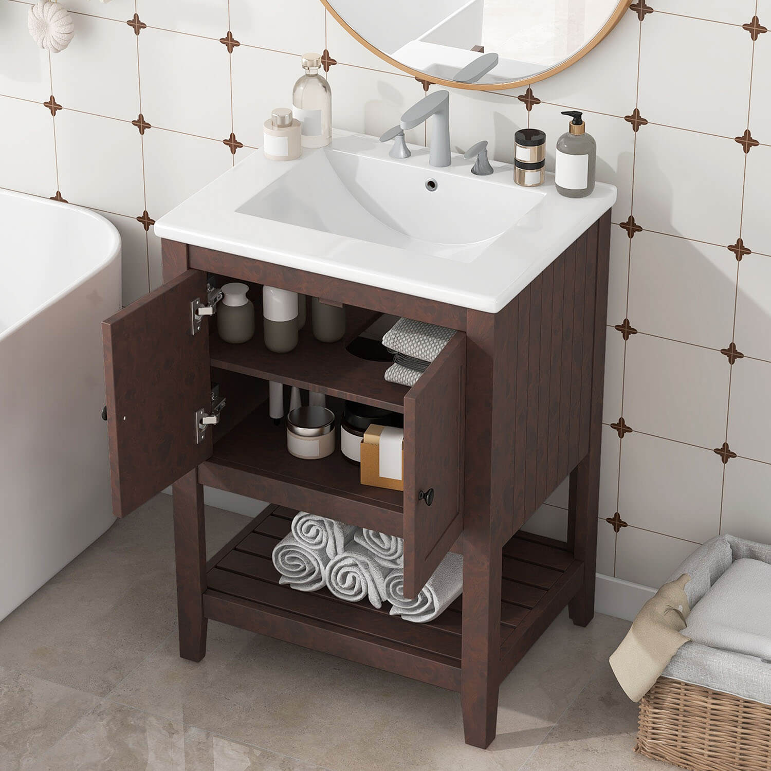 24&quot; Modern Freestanding Bathroom Vanity with Open Style Shelf, Including Ceramic Sink