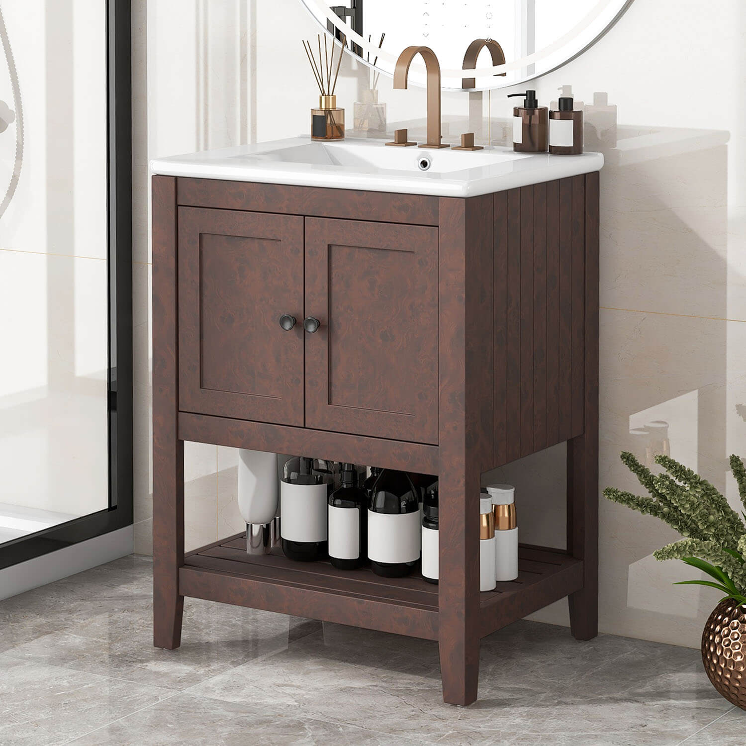 24&quot; Modern Freestanding Bathroom Vanity with Open Style Shelf, Including Ceramic Sink