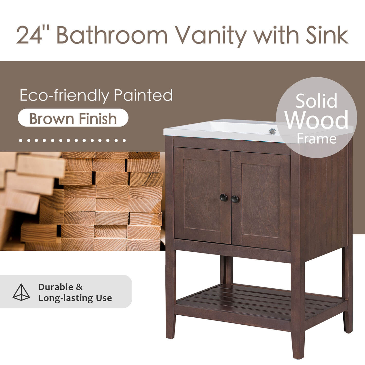 24&quot; Modern Freestanding Bathroom Vanity with Open Style Shelf, Including Ceramic Sink