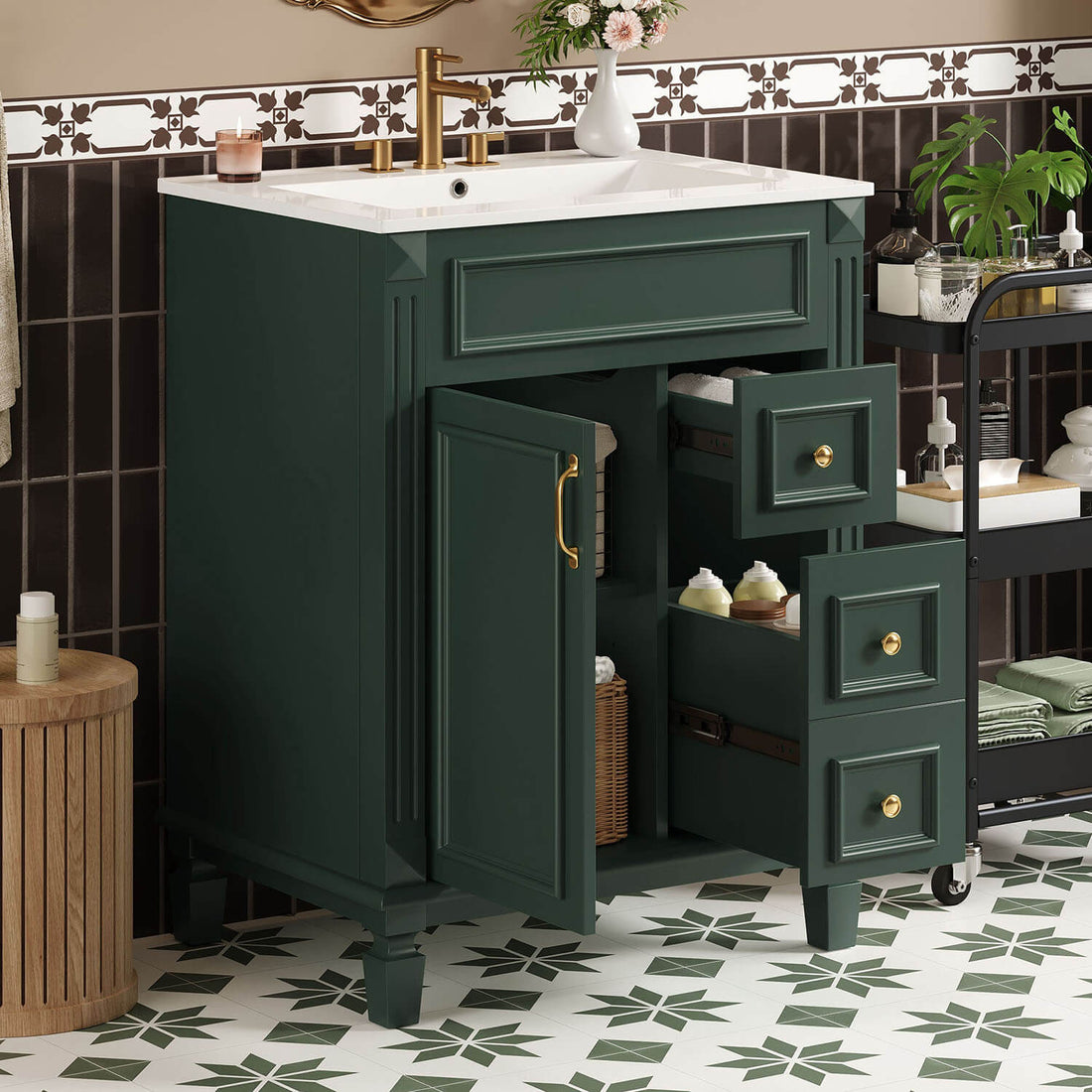 24 inch Green Freestanding Bathroom Vanity storage cabinet