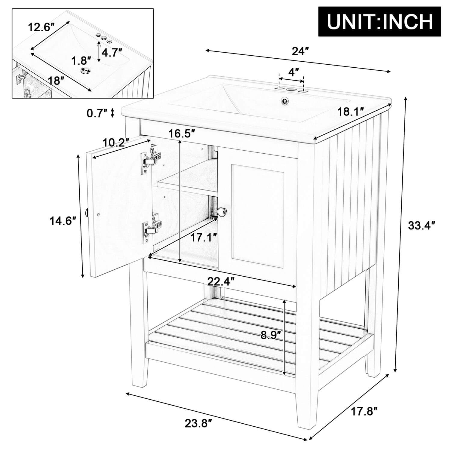 24&quot; Modern Freestanding Bathroom Vanity with Open Style Shelf, Including Ceramic Sink