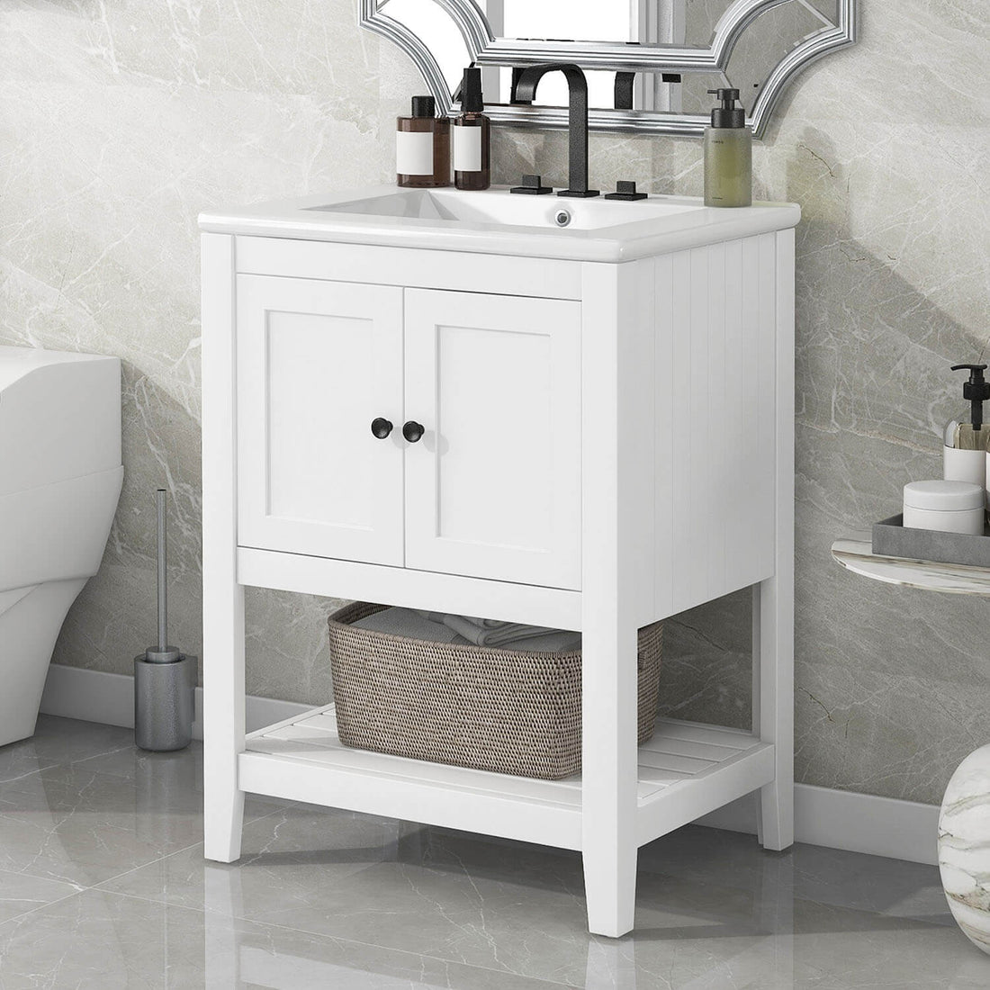 24&quot; Modern Freestanding Bathroom Vanity with Open Style Shelf, Including Ceramic Sink