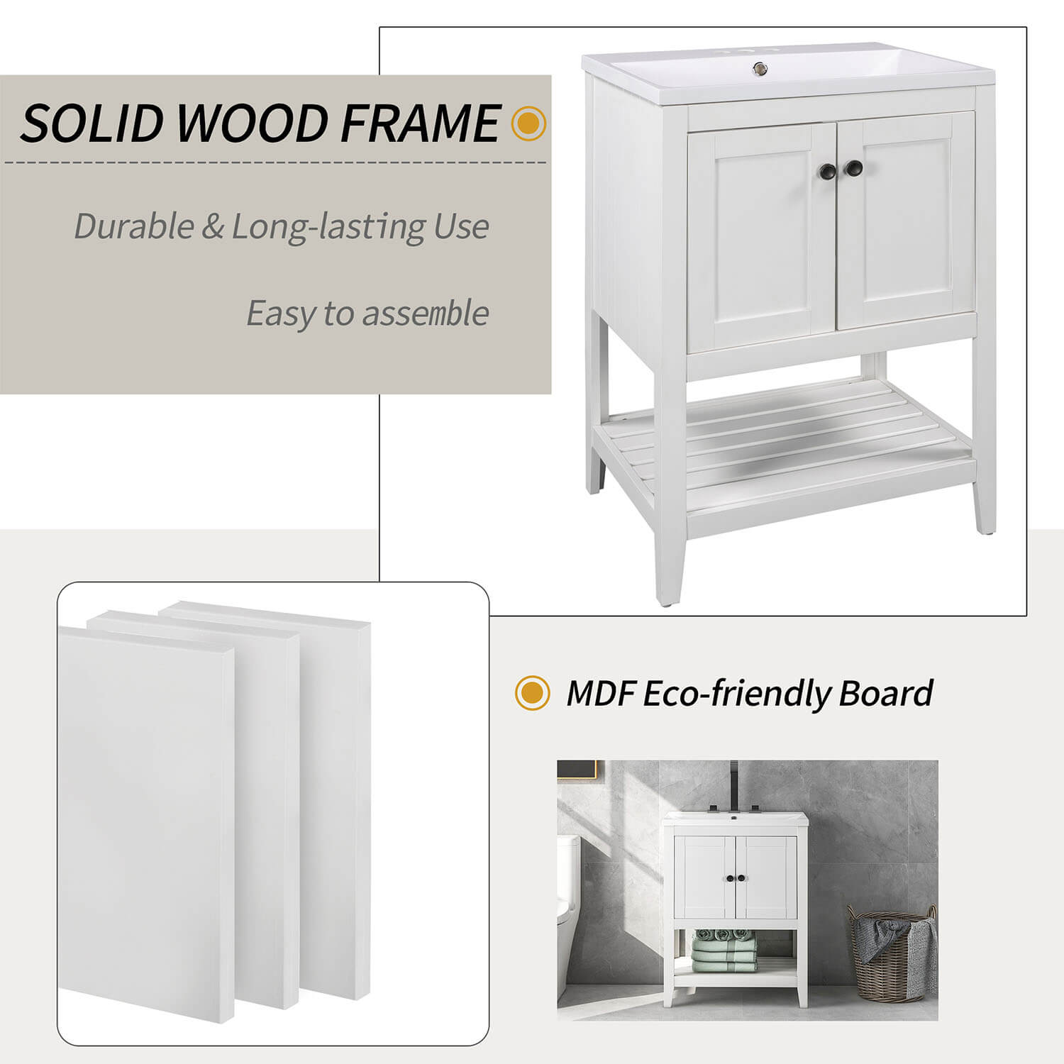 24&quot; Modern Freestanding Bathroom Vanity with Open Style Shelf, Including Ceramic Sink