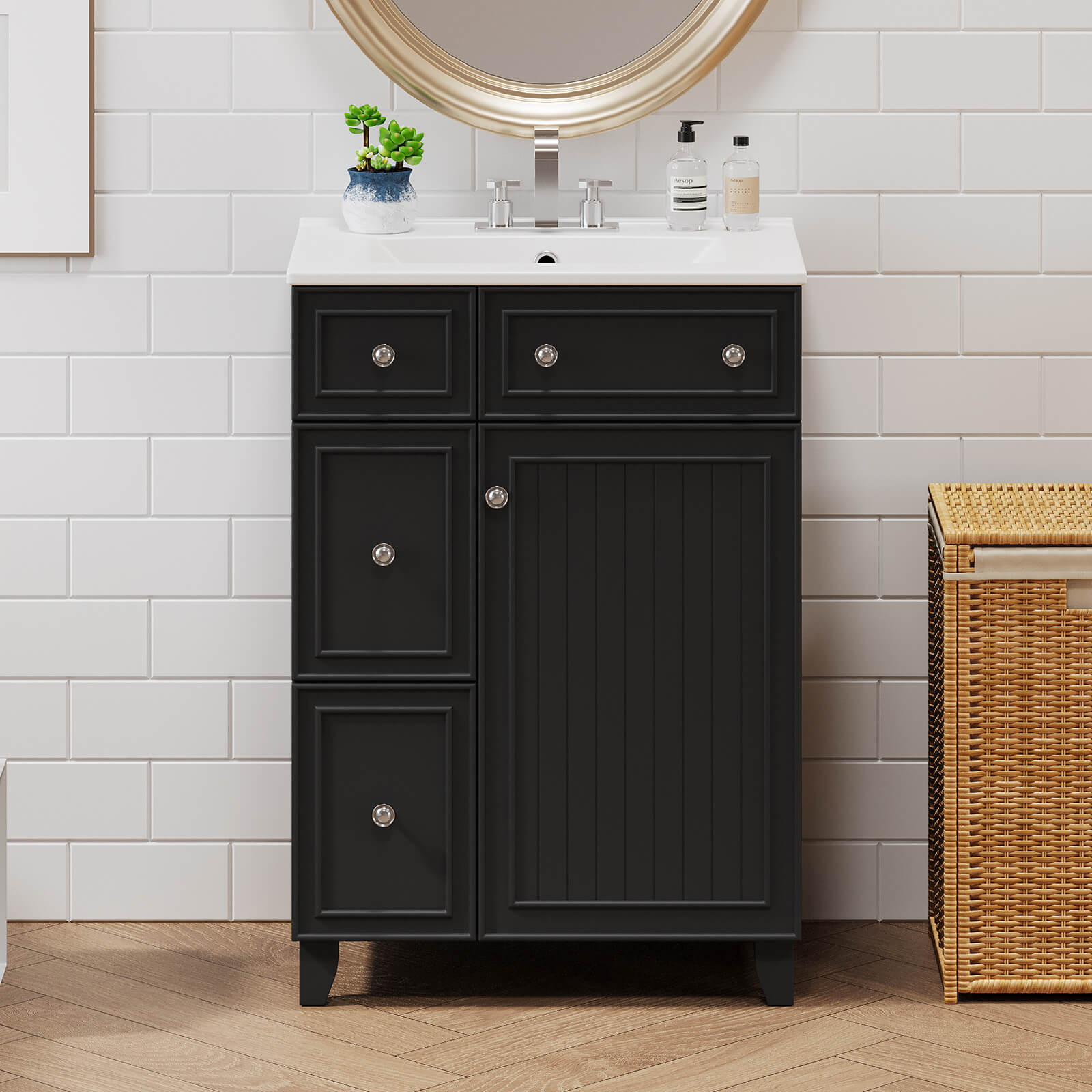 24 inch Small Black Bathroom Vanity with 2 Drawers