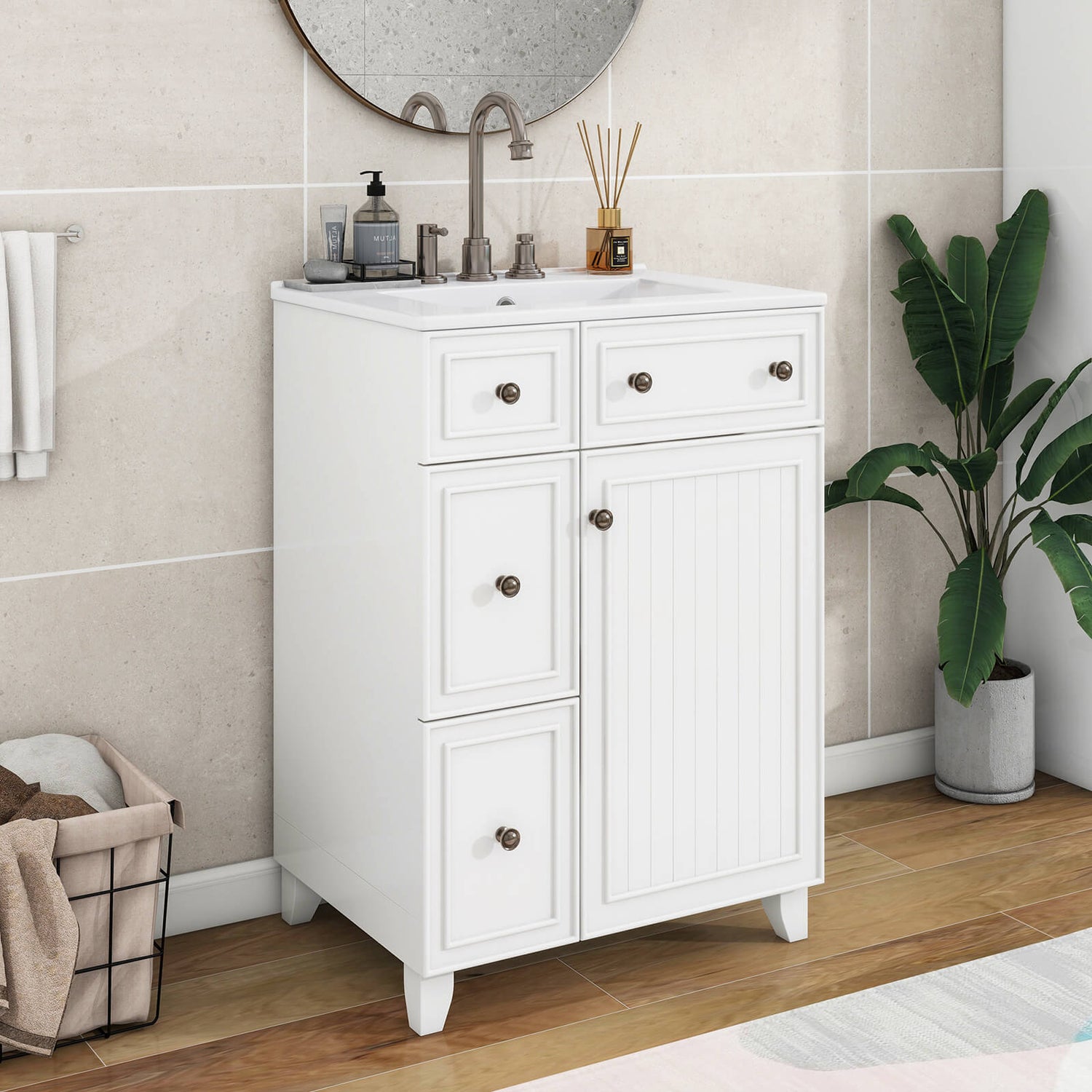24 inch Small White Bathroom Vanity with 2 Drawers