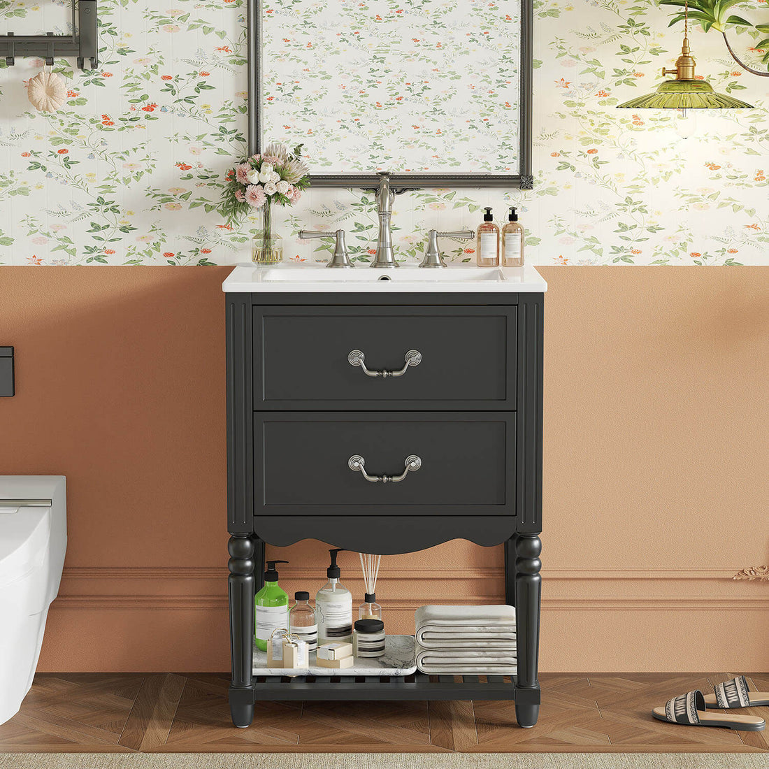 24 inch Vintage Black Bathroom Vanity with Wave Design