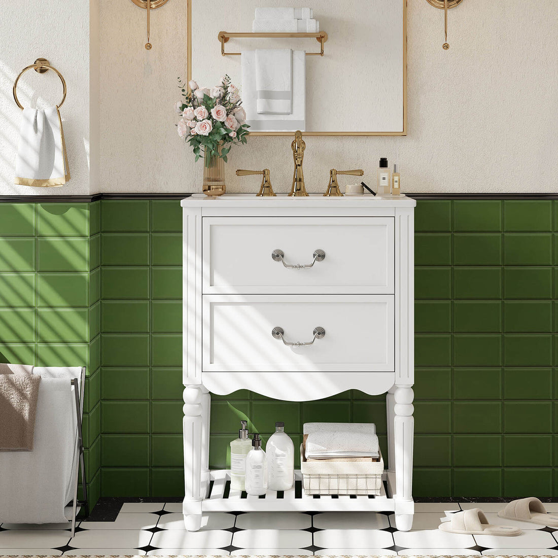 24 inch Vintage White Bathroom Vanity with Wave Design