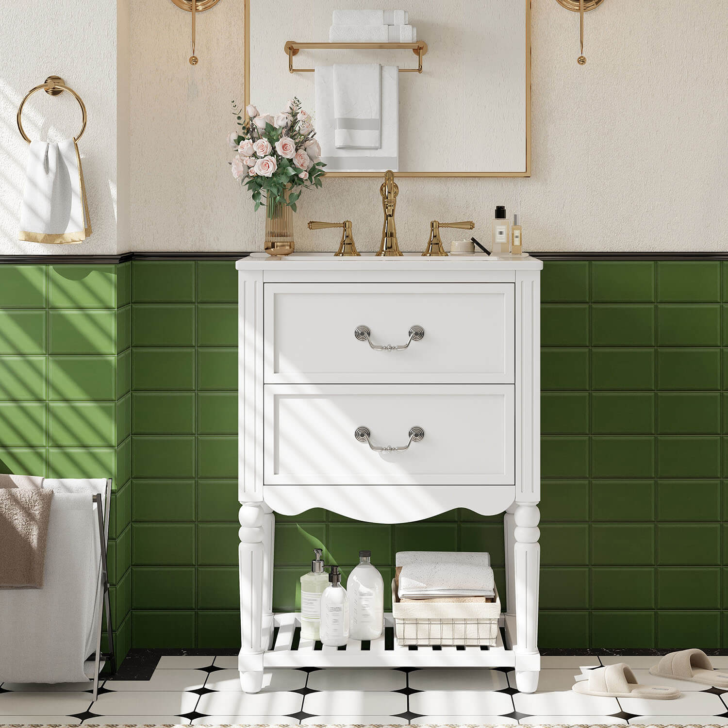 24 inch Vintage White Bathroom Vanity with Wave Design