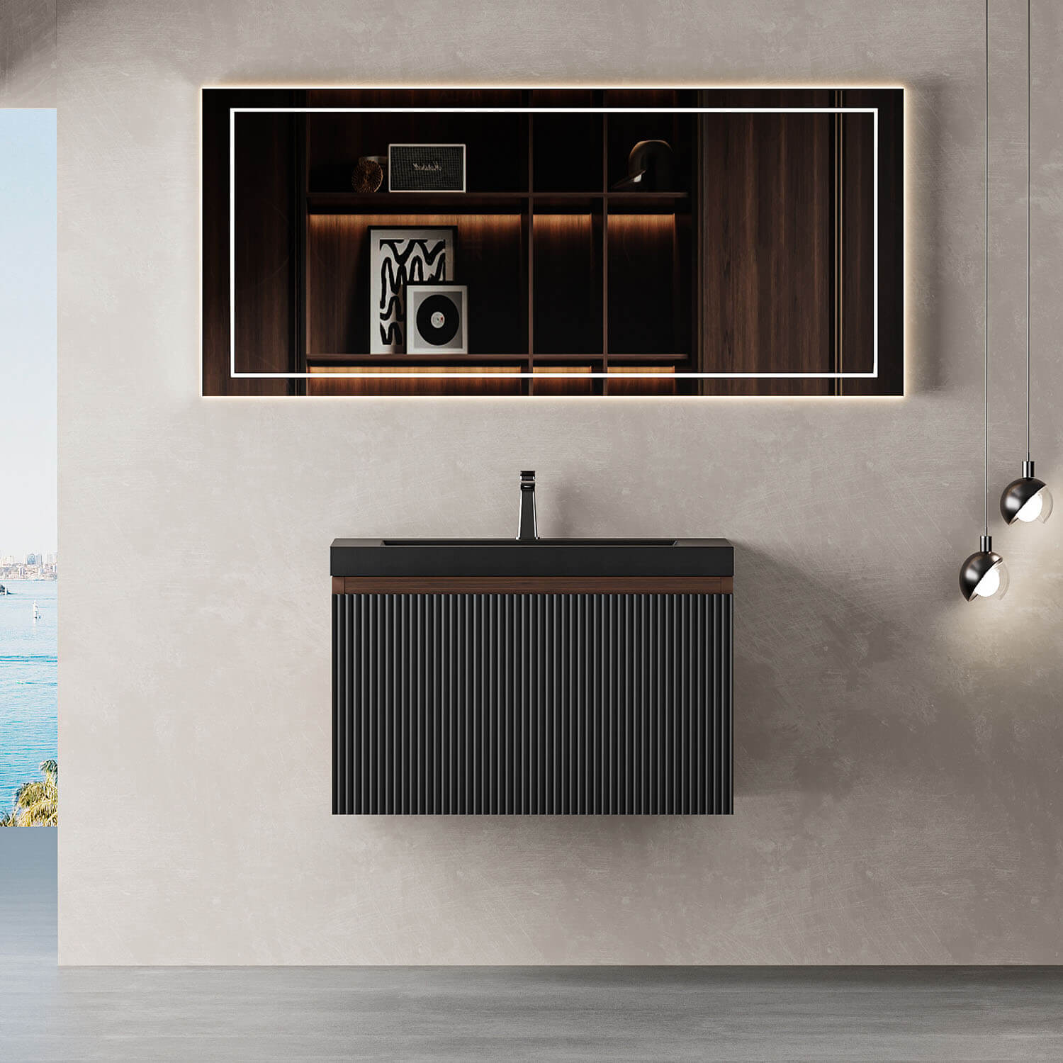 24 inch Walnut &amp; Black Fluted Design Floating Vanity with Single-Hole Quartz Sand Sink