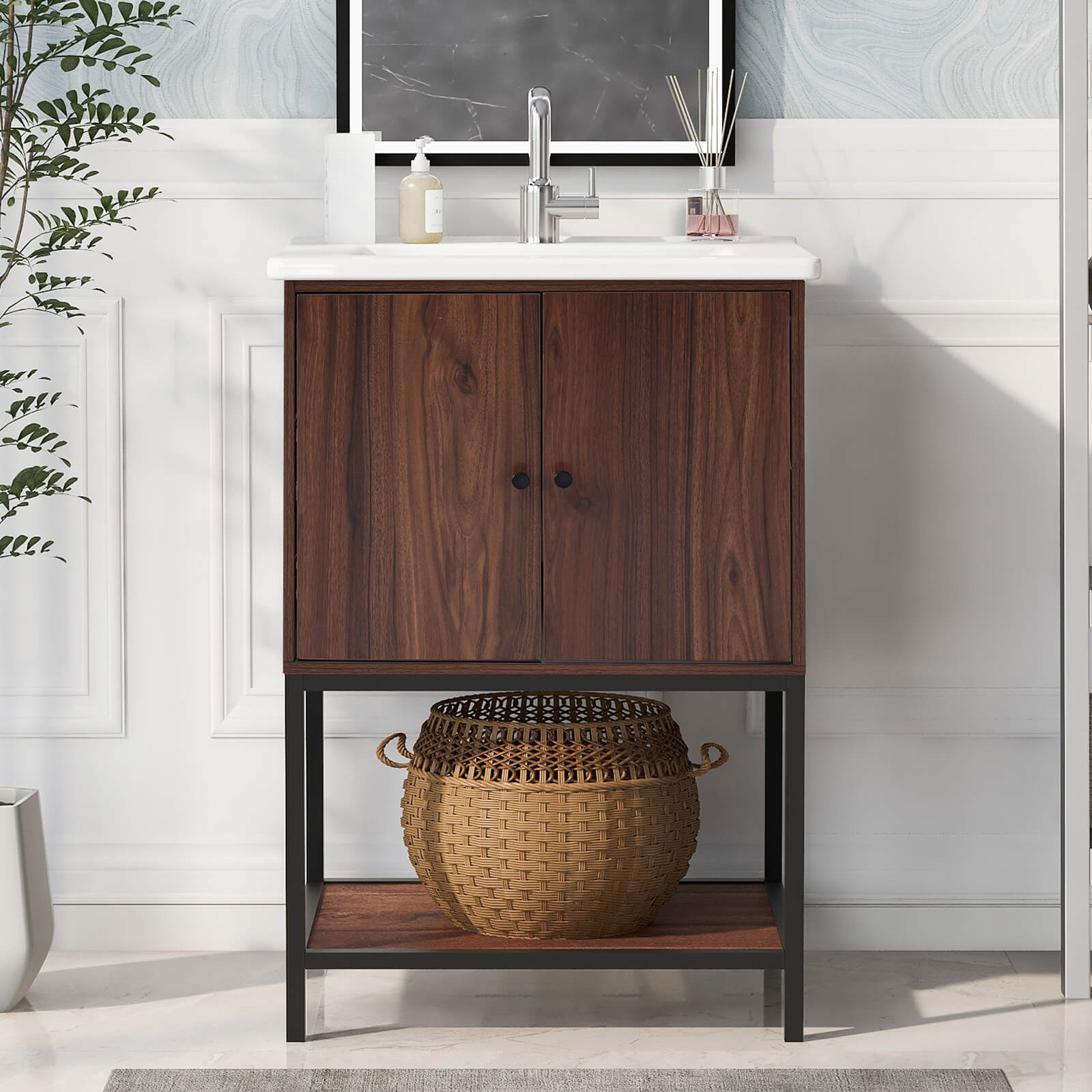 24'' Walnut Freestanding Bathroom Vanity with Open Shelf - Giving Tree