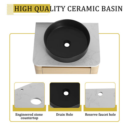 24 inch White Oak Bathroom Vanity-Black Ceramic Vessel Sink