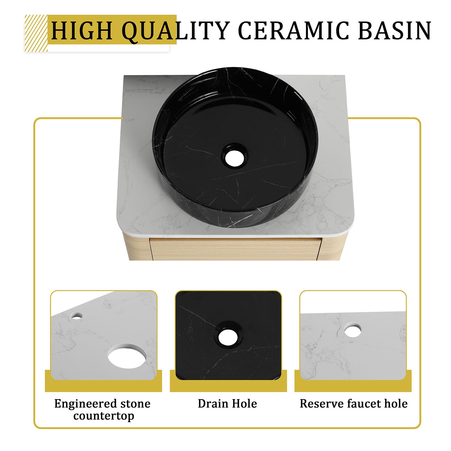 24 inch White Oak Bathroom Vanity-Black Marble Texture Ceramic Vessel Sink