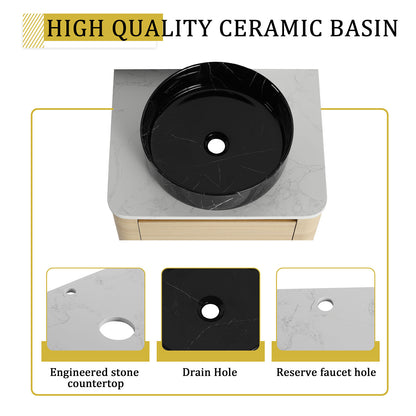 24 inch White Oak Bathroom Vanity-Black Marble Texture Ceramic Vessel Sink
