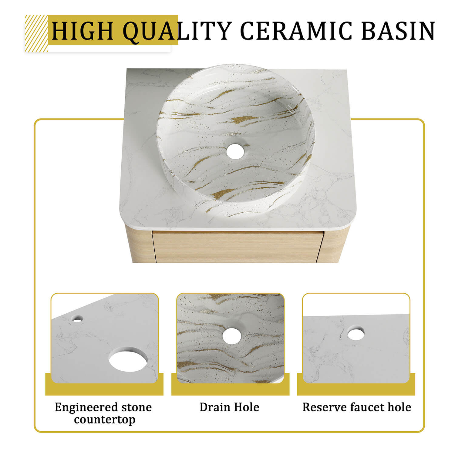 24 inch White Oak Bathroom Vanity-Golden Stone Pattern Ceramic Vessel Sink