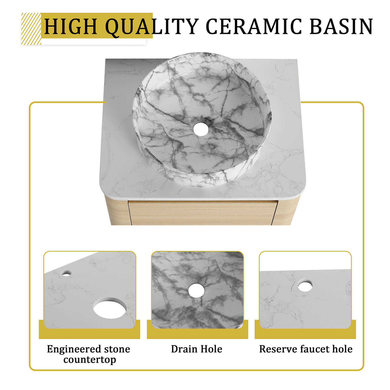 24 inch White Oak Bathroom Vanity-Marble Pattern Ceramic Vessel Sink