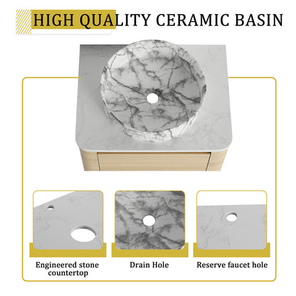 24 inch White Oak Bathroom Vanity-Marble Pattern Ceramic Vessel Sink