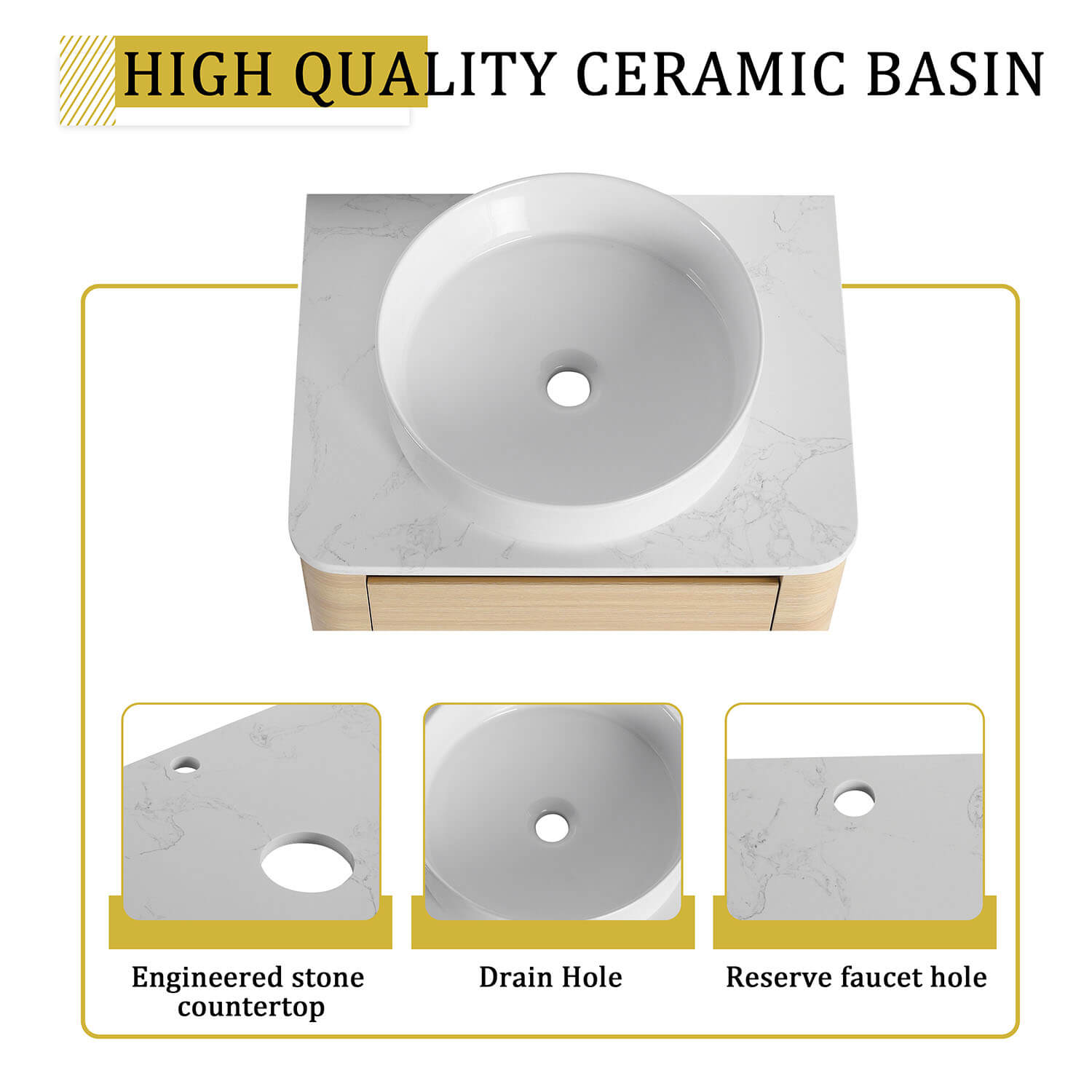 24 inch White Oak Bathroom Vanity-White Ceramic Vessel Sink