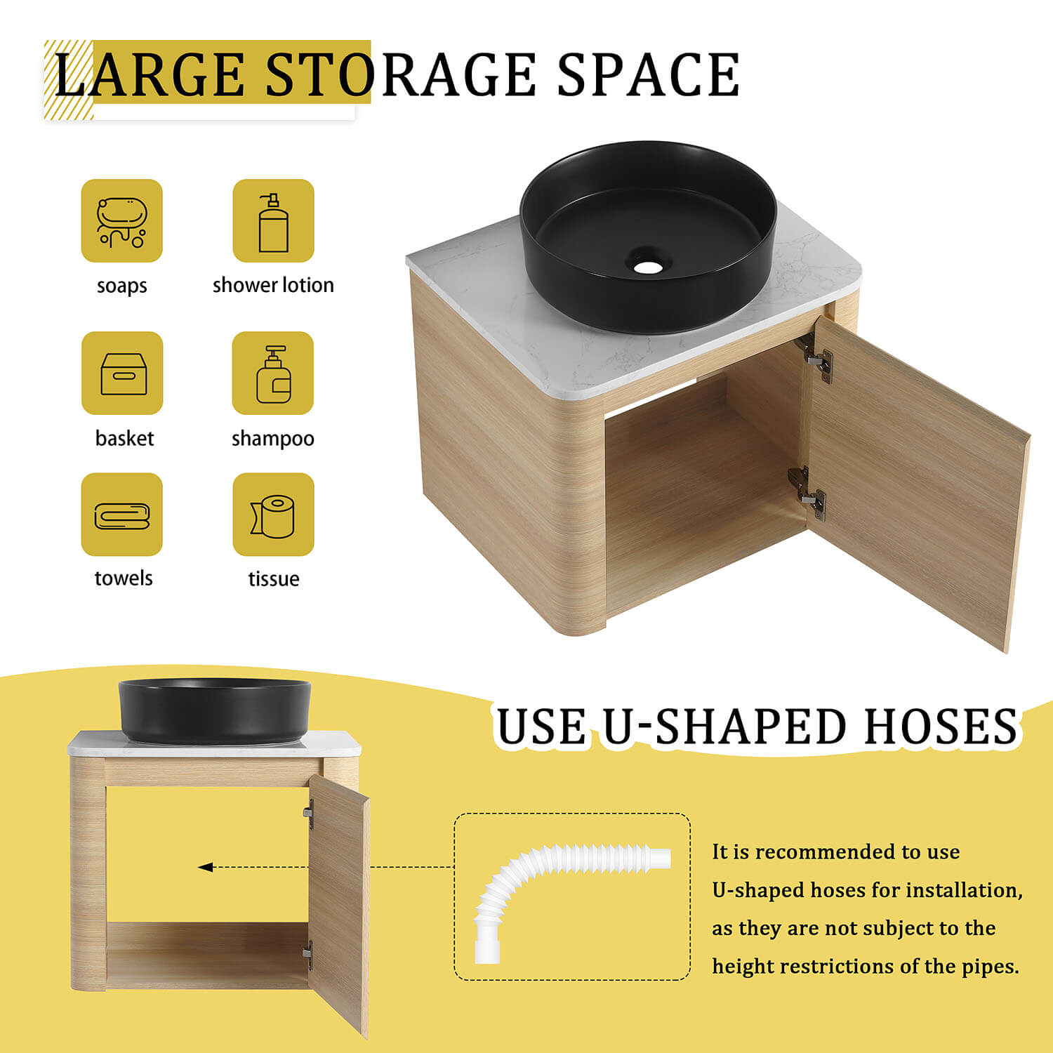 24 inch White Oak Bathroom Vanity with Black Ceramic Vessel Sink- storage space