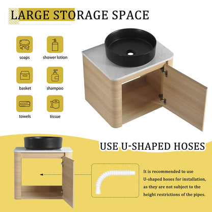 24 inch White Oak Bathroom Vanity with Black Ceramic Vessel Sink- storage space