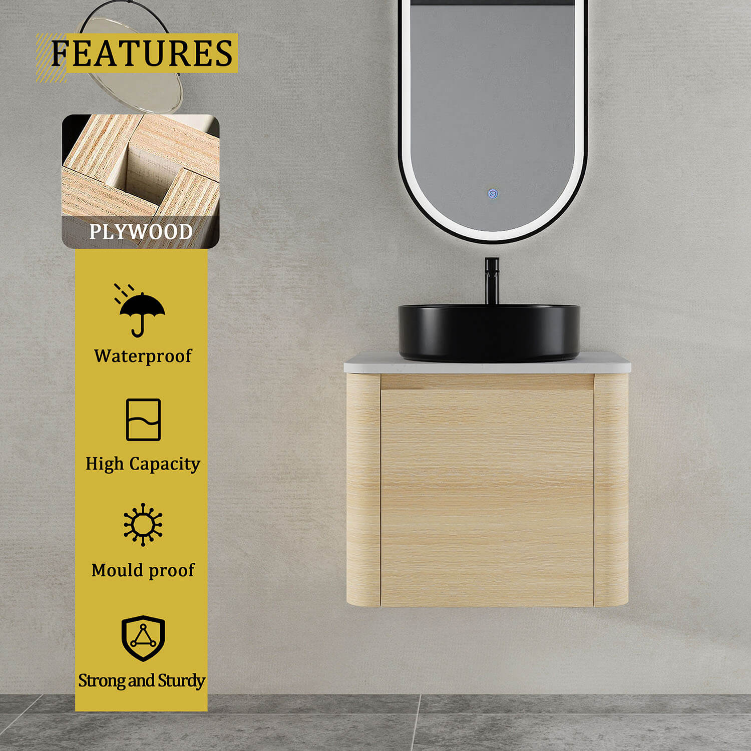 24 inch White Oak Bathroom Vanity with Black Ceramic Vessel Sink-material