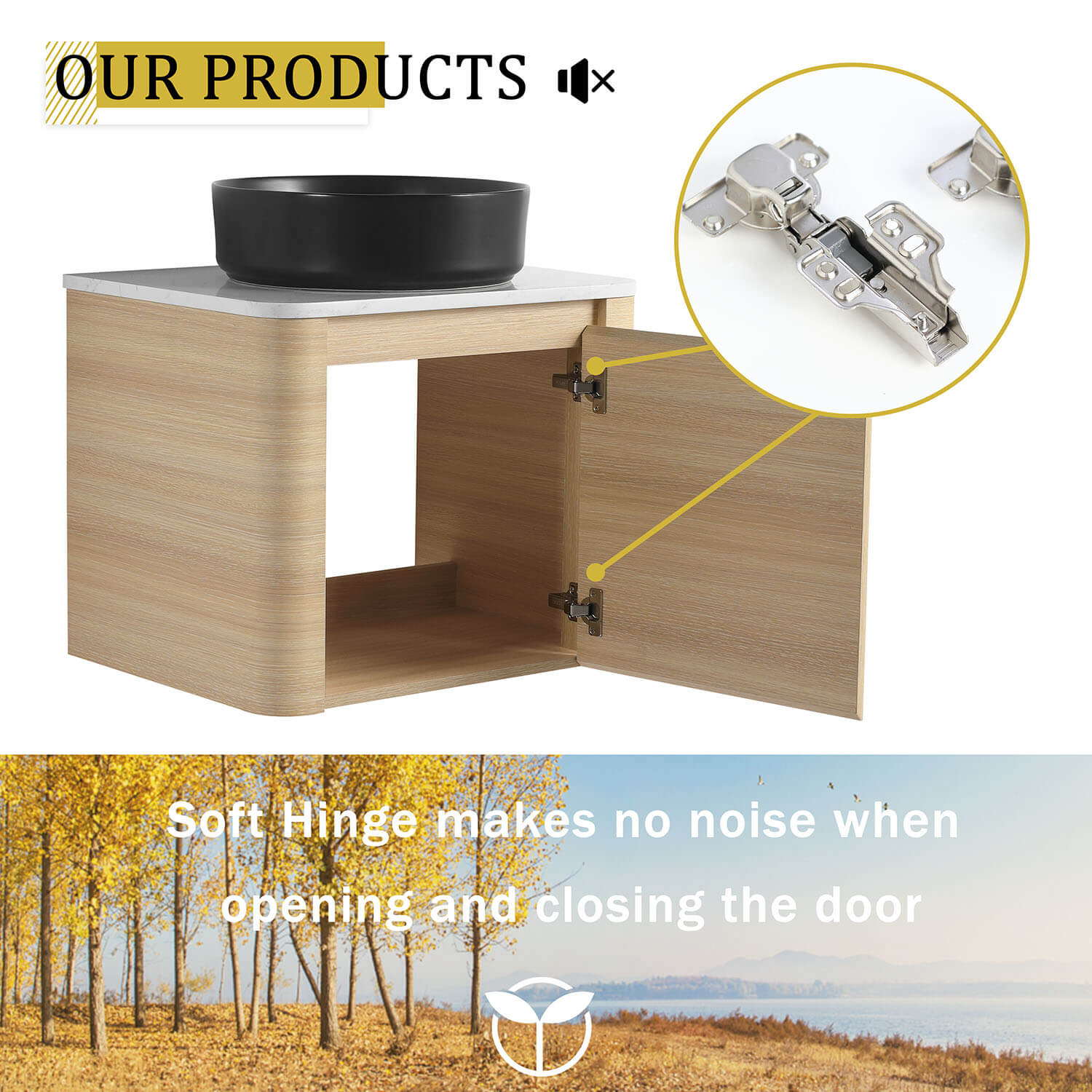 24 inch White Oak Bathroom Vanity with Black Ceramic Vessel Sink-soft closing door