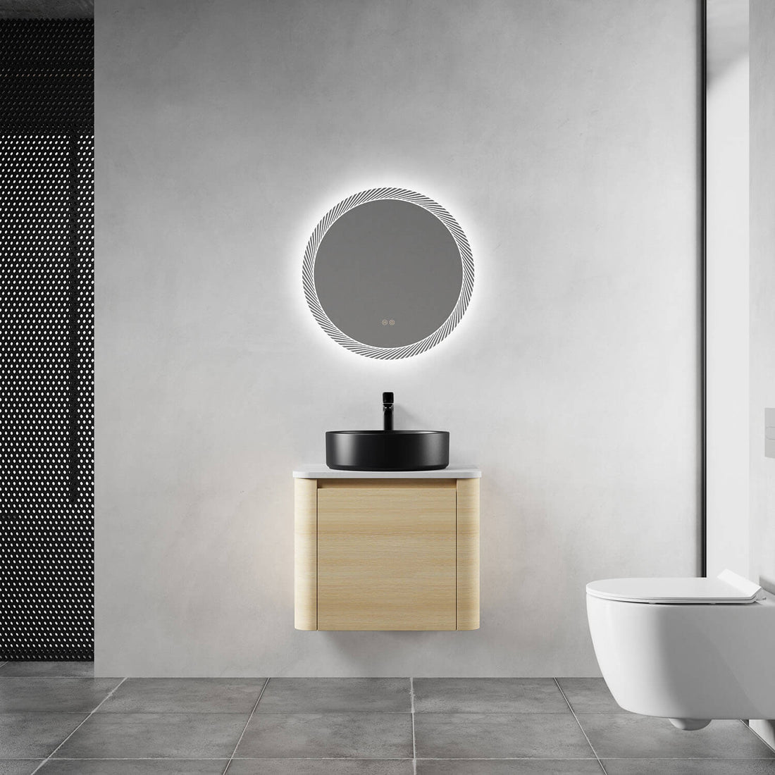 24 inch White Oak Bathroom Vanity with Black Ceramic Vessel Sink