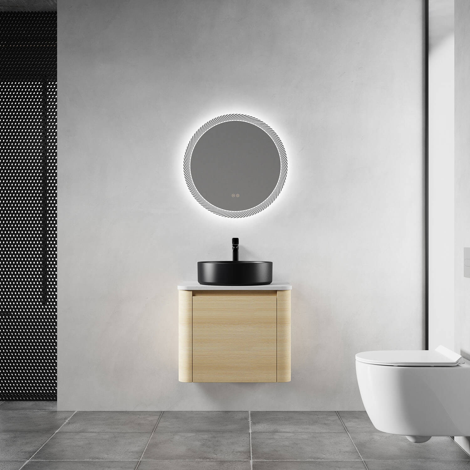 24 inch White Oak Bathroom Vanity with Black Ceramic Vessel Sink