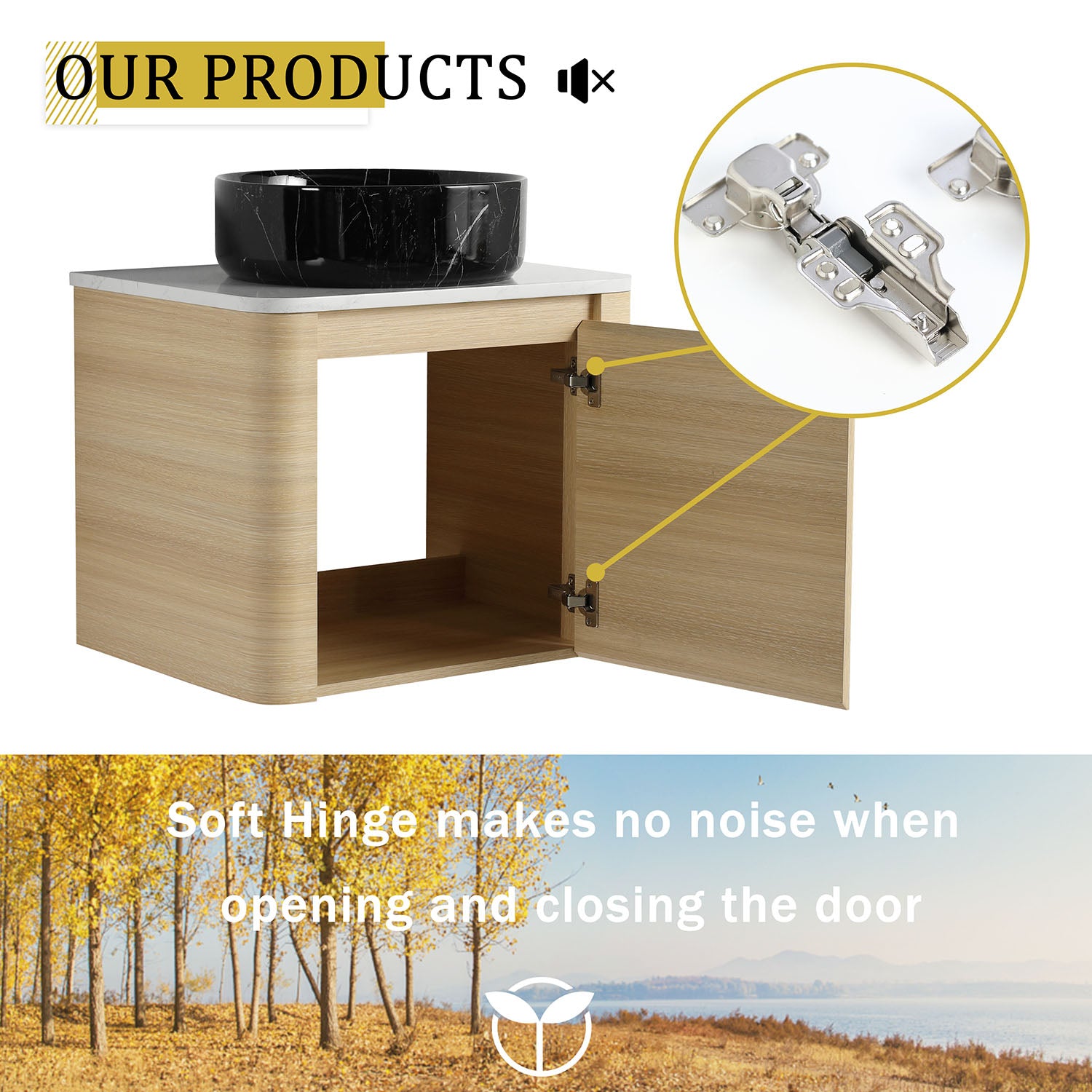 24 inch White Oak Bathroom Vanity with Black Marble Texture Ceramic Vessel Sink-soft closing door