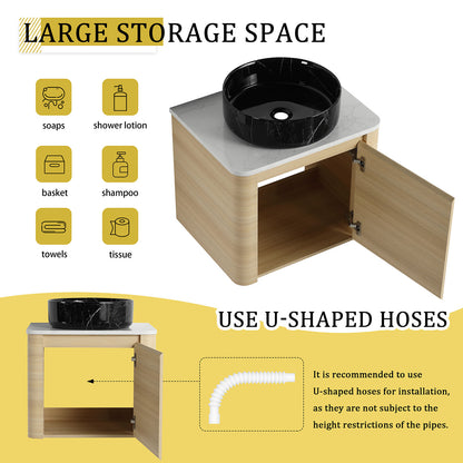 24 inch White Oak Bathroom Vanity with Black Marble Texture Ceramic Vessel Sink-storage space