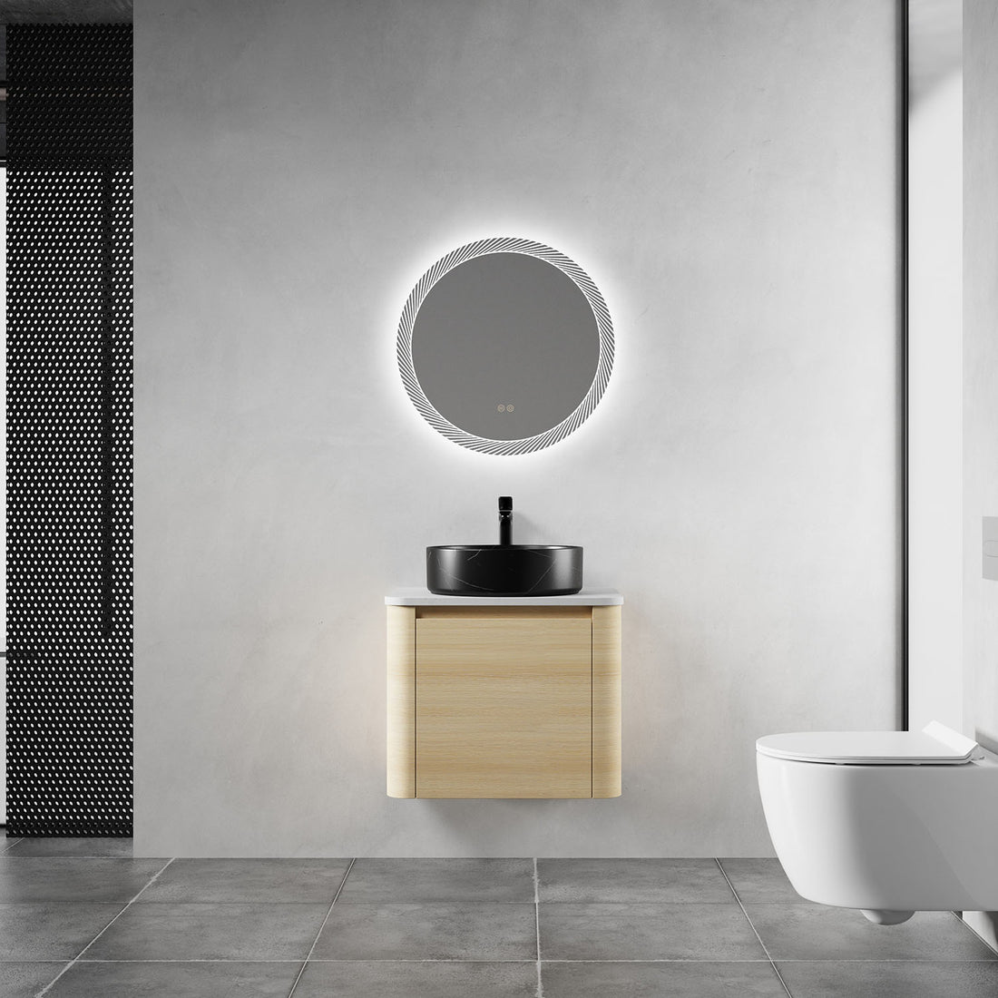 24 inch White Oak Bathroom Vanity with Black Marble Texture Ceramic Vessel Sink