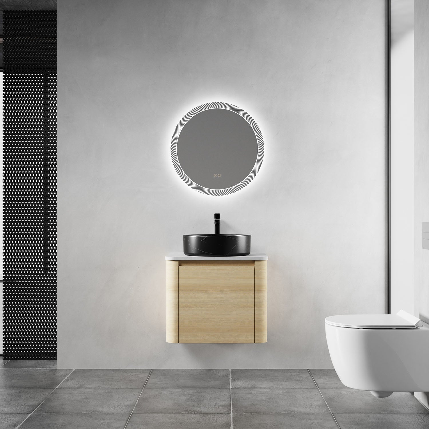 24 inch White Oak Bathroom Vanity with Black Marble Texture Ceramic Vessel Sink