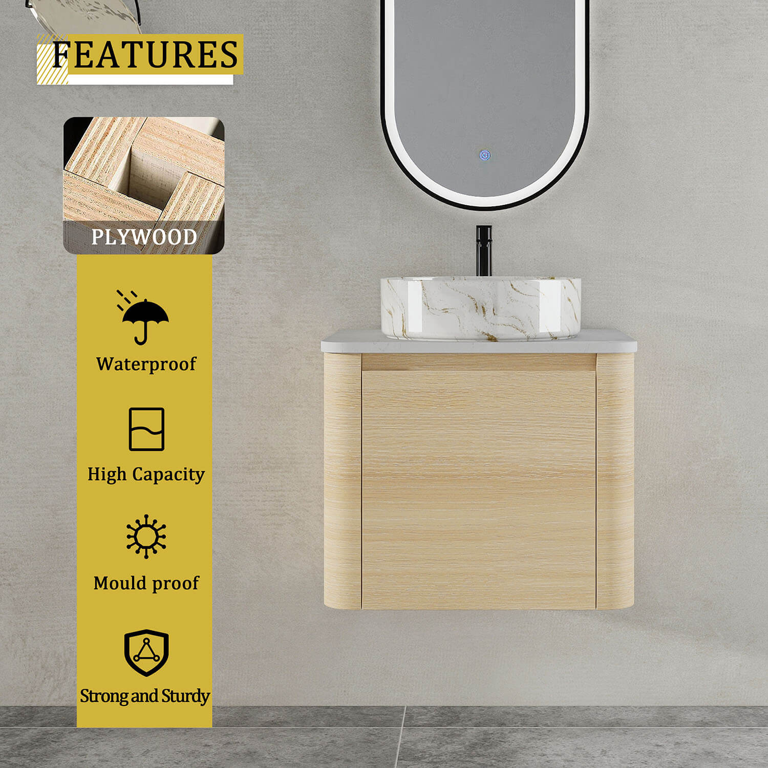 24 inch White Oak Bathroom Vanity with Golden Stone Pattern Ceramic Vessel Sink-material