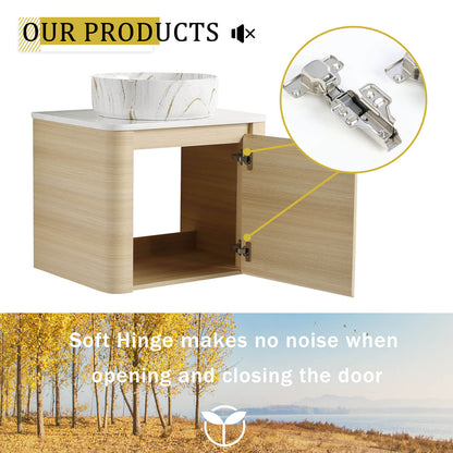 24 inch White Oak Bathroom Vanity with Golden Stone Pattern Ceramic Vessel Sink-soft closing door