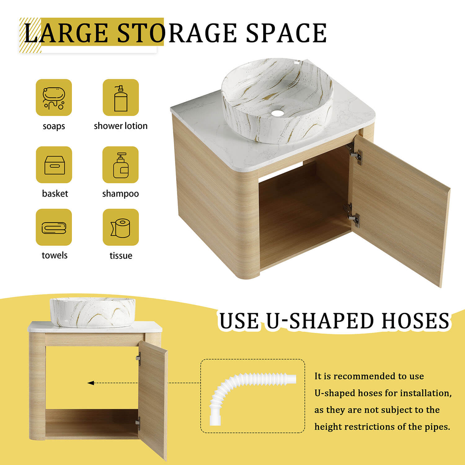 24 inch White Oak Bathroom Vanity with Golden Stone Pattern Ceramic Vessel Sink-storage space