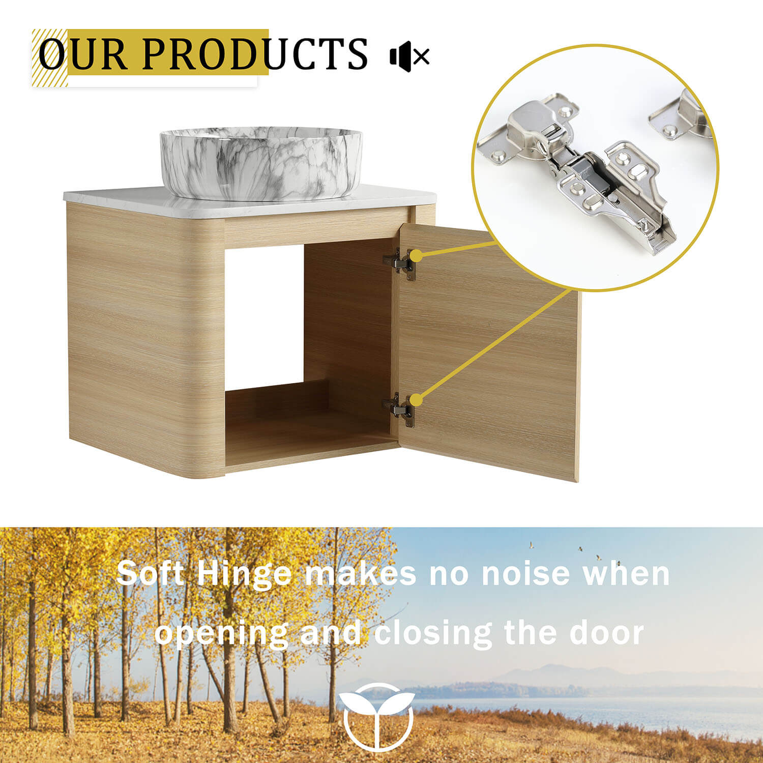 24 inch White Oak Bathroom Vanity with Marble Pattern Ceramic Vessel Sink-soft closing door