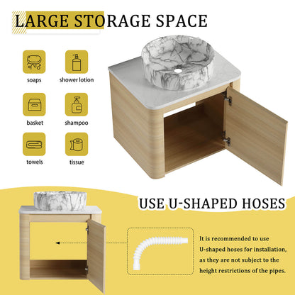 24 inch White Oak Bathroom Vanity with Marble Pattern Ceramic Vessel Sink-storage space