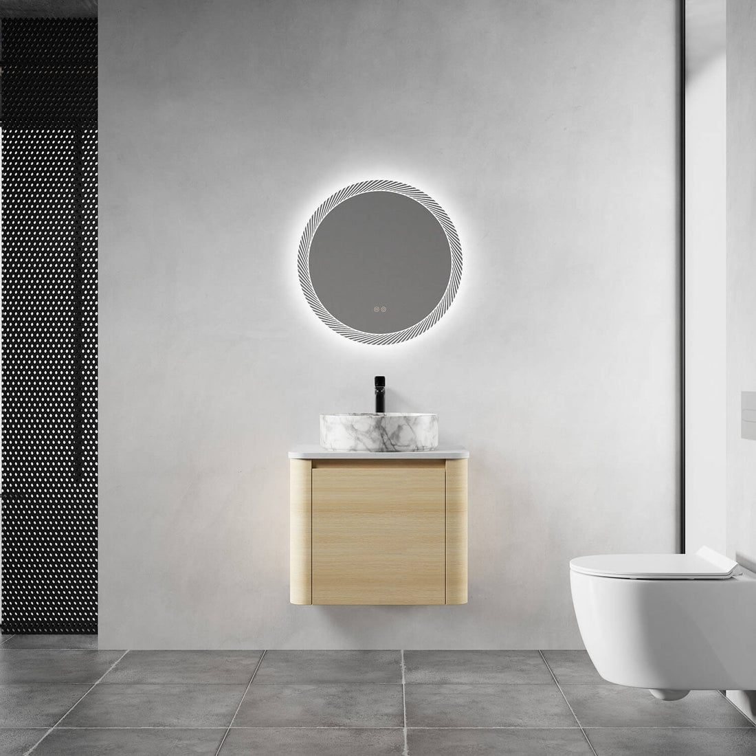 24 inch White Oak Bathroom Vanity with Marble Pattern Ceramic Vessel Sink