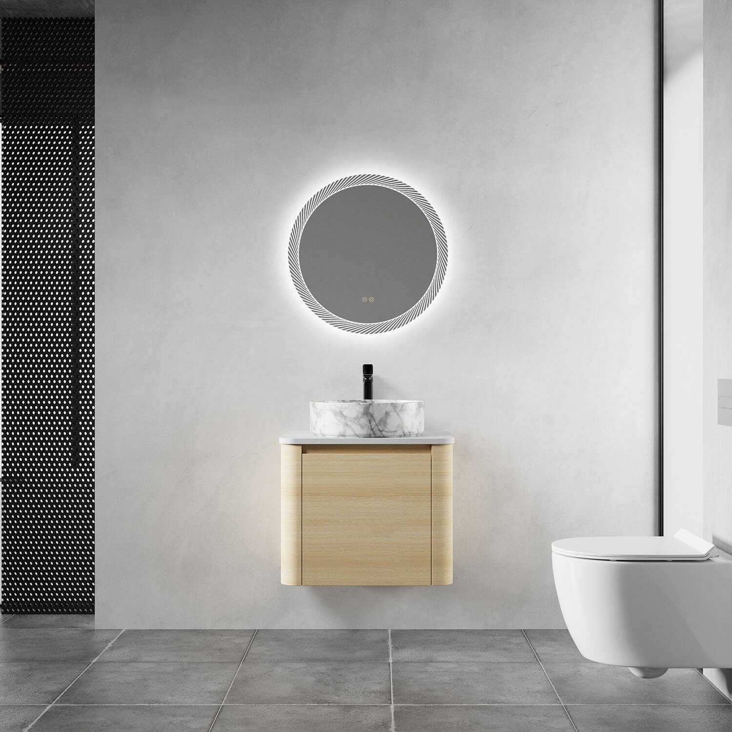 24 inch White Oak Bathroom Vanity with Marble Pattern Ceramic Vessel Sink